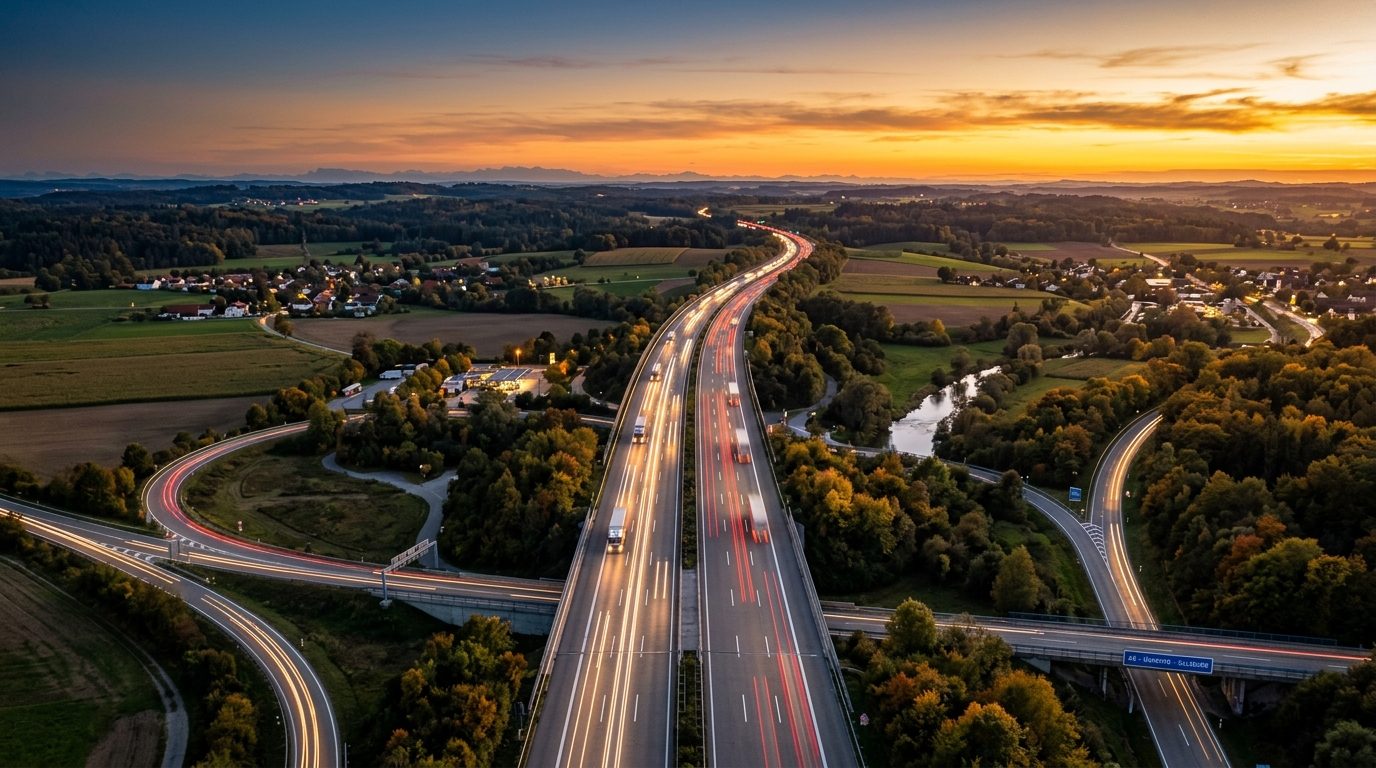 Autobahn aus der Vogelperspektive bei Sonnenuntergang
